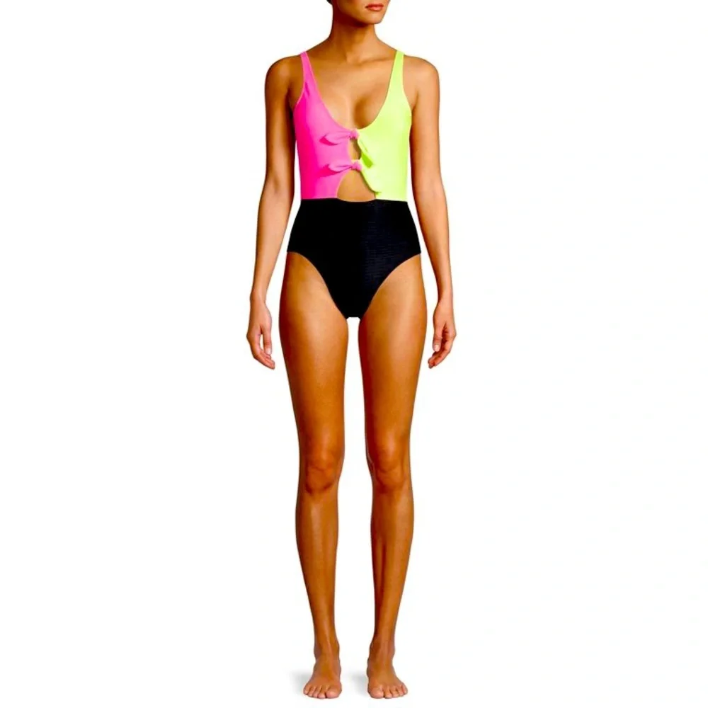 No boundaries Highlighter Neon Yellow Pink Black Tie Front One Piece Swimsuit L